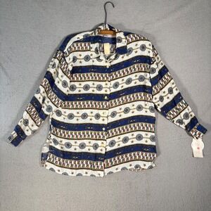 VNTG NWT Stunt Collections Button Up Shirt Top Womens M 100% Silk Nautical Print